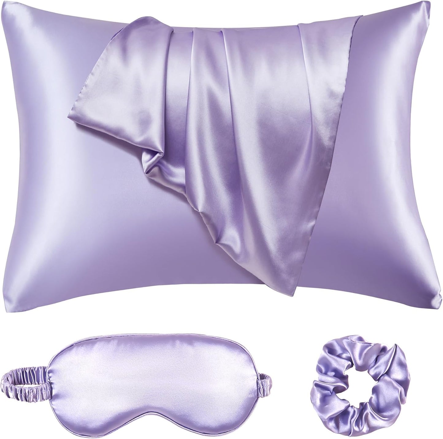 Satin Pillowcase for Hair and Skin, Vegan Silk Pillowcase Sleep Set-2 Purple Satin Pillowcases, 1 Eye Mask, 1 Scrunchie, Soft Silky Satin Pillow Cases Queen Size with Envelope Closure