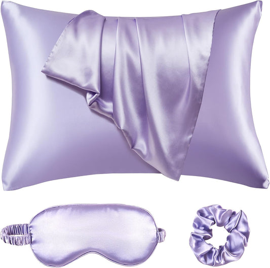 Satin Pillowcase for Hair and Skin, Vegan Silk Pillowcase Sleep Set-2 Purple Satin Pillowcases, 1 Eye Mask, 1 Scrunchie, Soft Silky Satin Pillow Cases Queen Size with Envelope Closure
