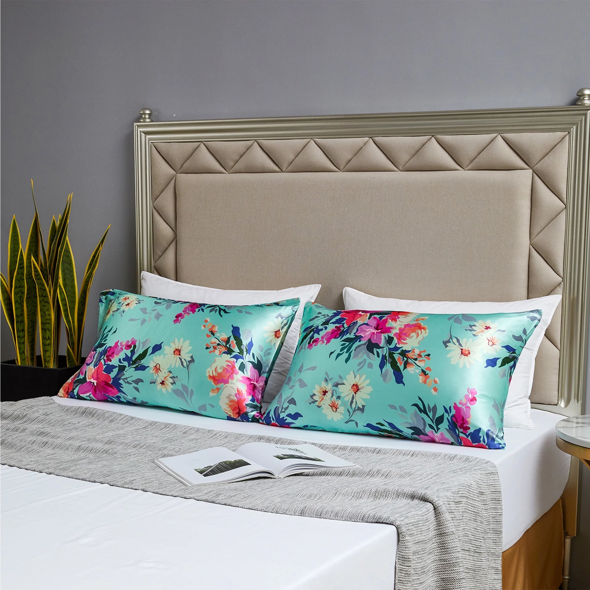 Satin Pillow Case, 2 Pack Satin King Silky Pillowcase for Hair and Skin, Satin Pillowcase Set of 2, 20X40, Floral Green